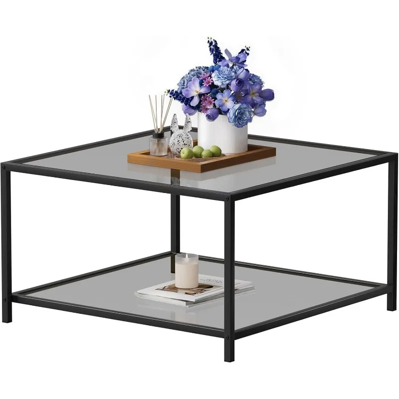

Modern Coffee Table Small Glass Coffee Table with Storage 2-Tier Simple Square Center Table