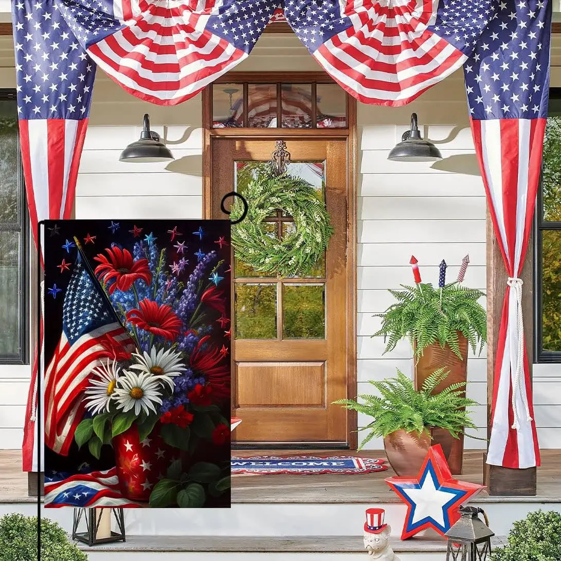 4th of July Floral Garden Flag 12x18 Vertical Double Sided Patriotic USA Flag Red Blue Memorial Day Independence Day Outside PPZ