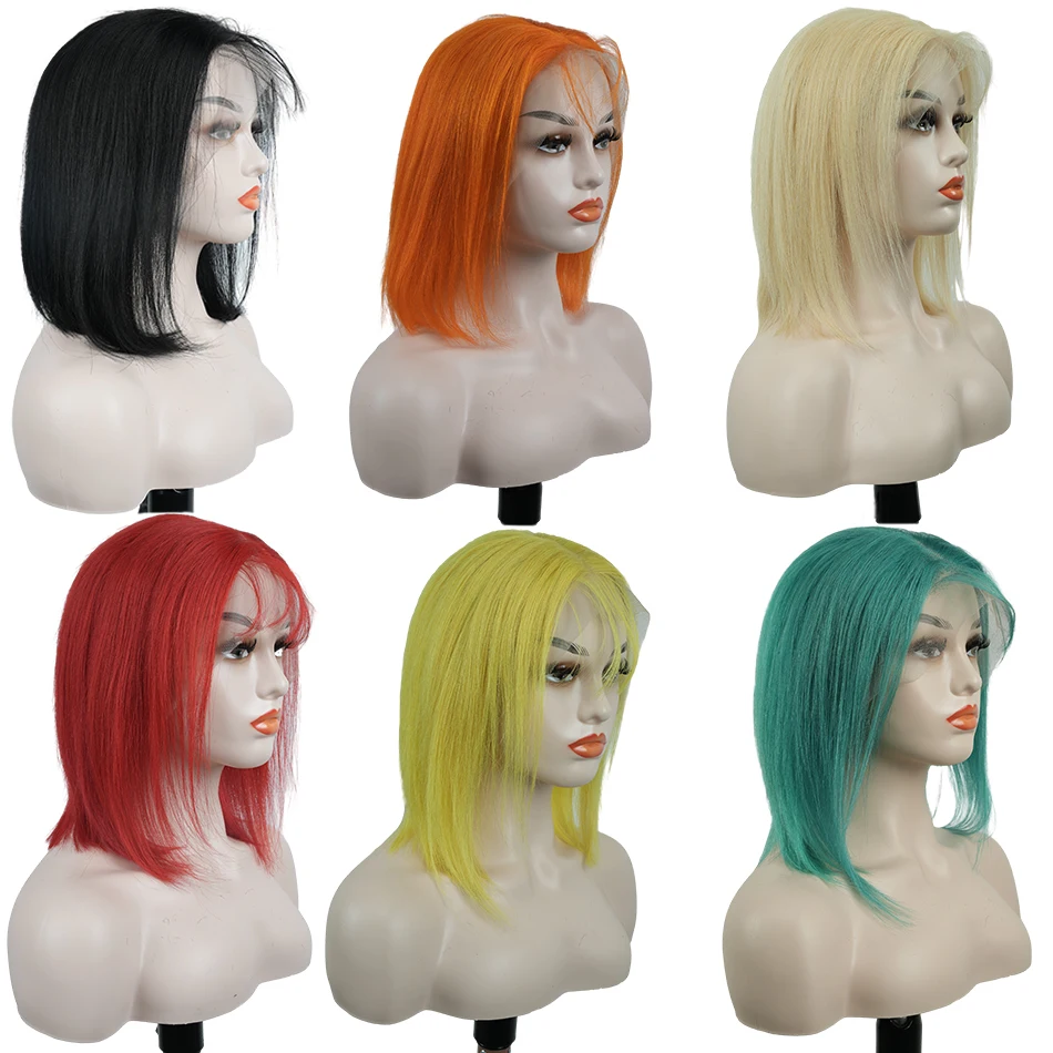 Wig rambut manusia dengan poni Remy rambut lurus Wig Bob 13*4 renda depan Wig transparan renda bagian tengah sisi mesin penuh Wig dibuat