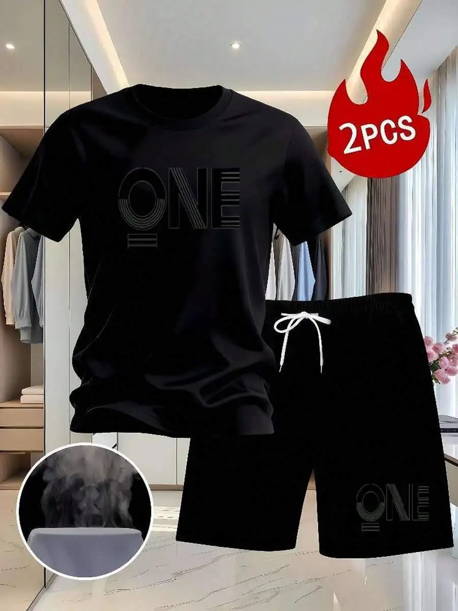 

Mens Black Cotton Short Sleeve T-Shirt And Shorts Two-Piece Set Casual Loose Streetwear