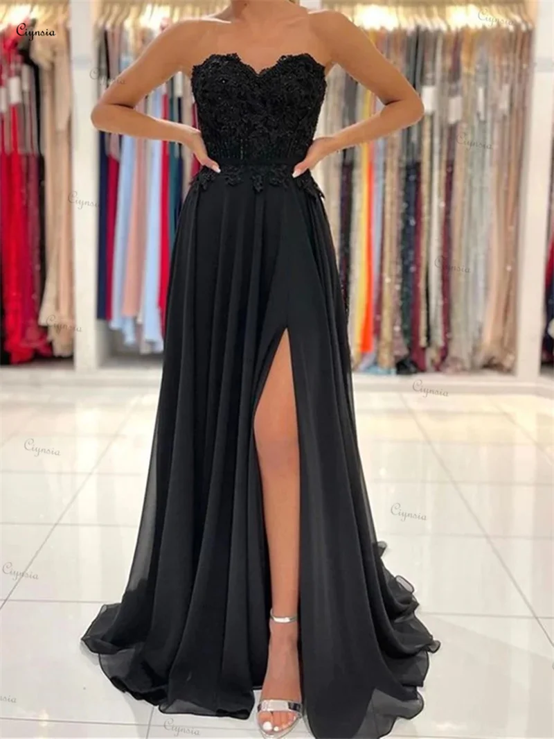 Ciynsia gaun Prom renda hitam kesayangan gaun pesta Formal A-Line applique panjang gaun malam belahan seksi sifon