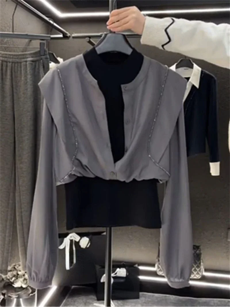 Patchwork Chemise Femme Retro Temperament Fake Two Pieces Blouse Blusas Mujer De Moda 2024 Autumn Tops Women Shirts