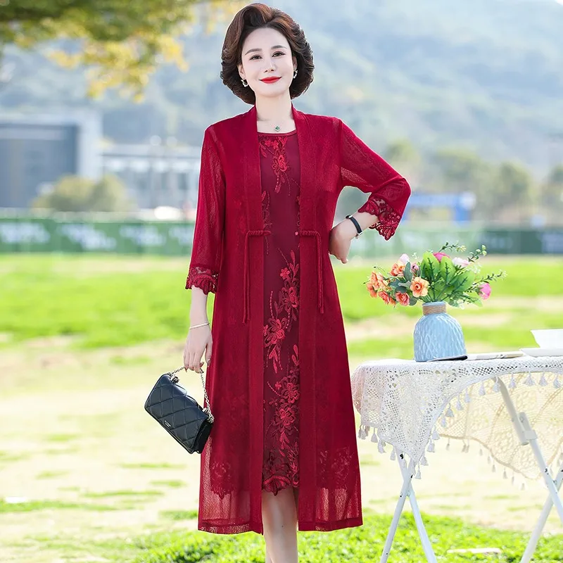 Retro Middle Age Mother Spring and Summer Embroidery Mesh Fabric Dress Two Piece Set New Fashion Women Fashion Chiffon Vestido