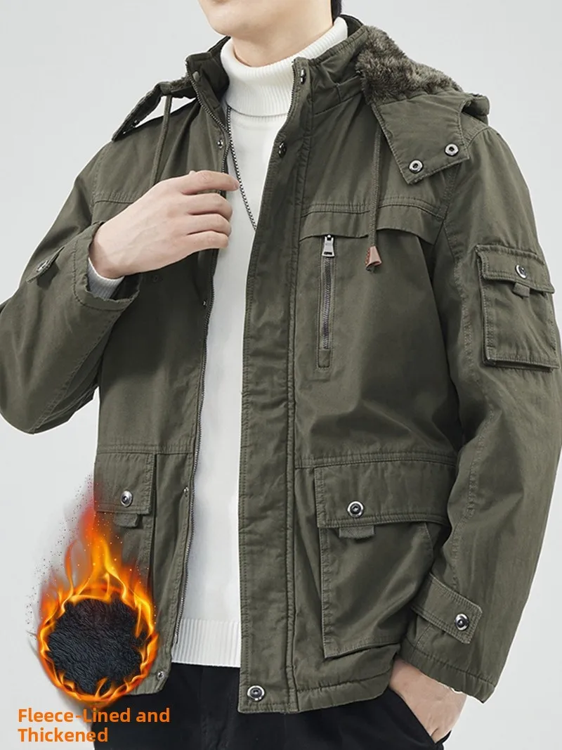 

Thiened Fce Hooded Outdoor Jaet Men's Casual Sle Autumn Winter American Faion Brand Warm Cotton Coat ular