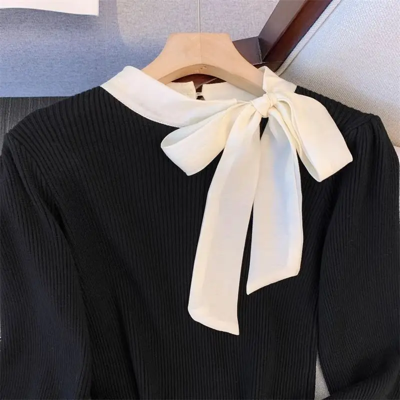 Korean Version Age Reducing Fashion Design Knitted Sweater for Women\'s Spring Autumn Tie Bow Stylish Versatile Long Sleeves Top