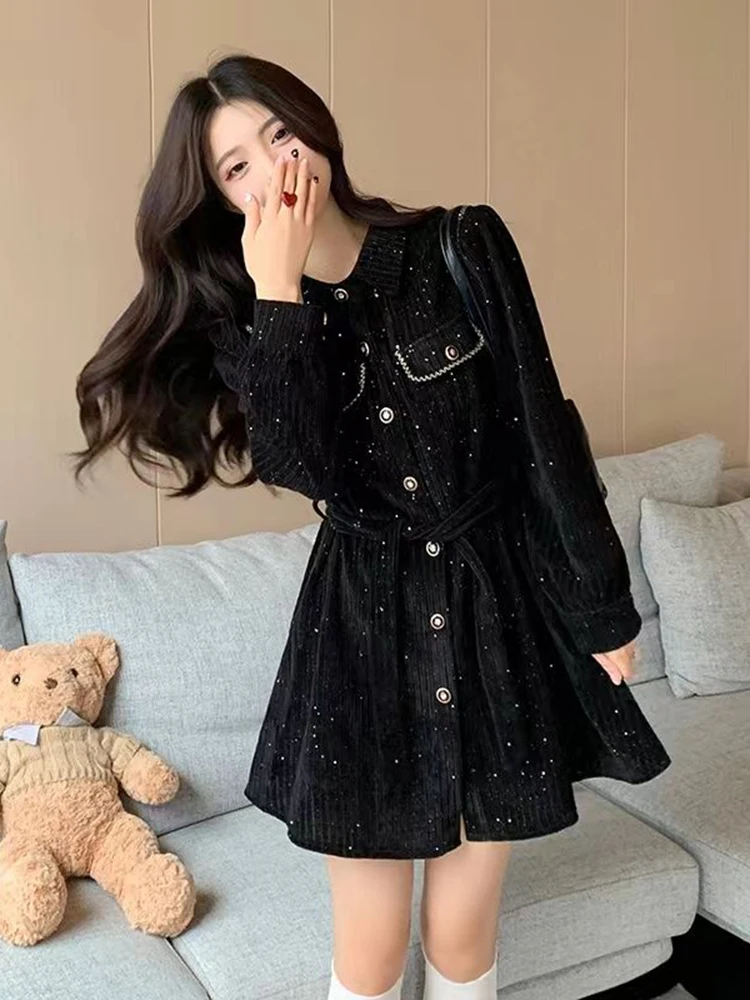 Autumn French Vintage Small Fragrance Dresses For Women Belt Velvet Dress Long Sleeve Ladies Party Mini Elegant Dress Femme