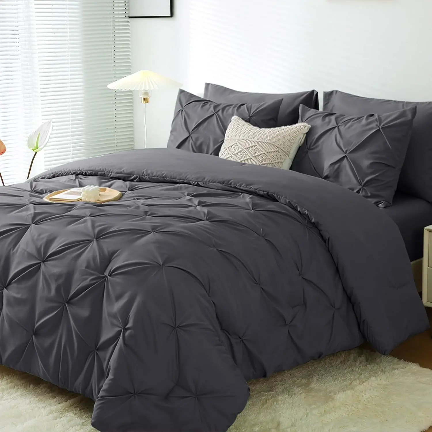 Dark Grey Comforter Set for All Season, Pintuck Bedding Sets  Bed in a Bag 7-Pieces