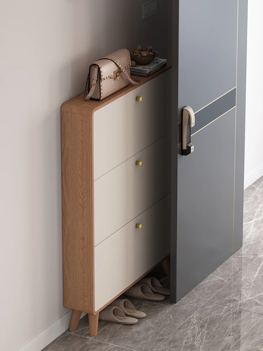 YFY Solid Wood Nordic Ultra-Thin Shoe Cabinet for Home Entrance, Simple Modern Entryway Behind Doorway Hallway Flip Bucket
