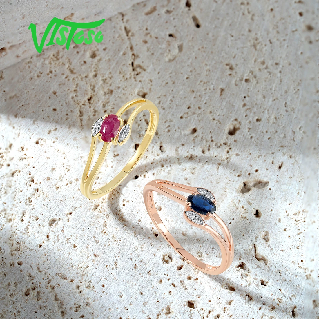 VISTOSO Pure 14K Gold Ring For Women Sparkling Diamonds Ruby Blue Sapphire Dainty Wedding Engagement Anniversary Fine Jewelry
