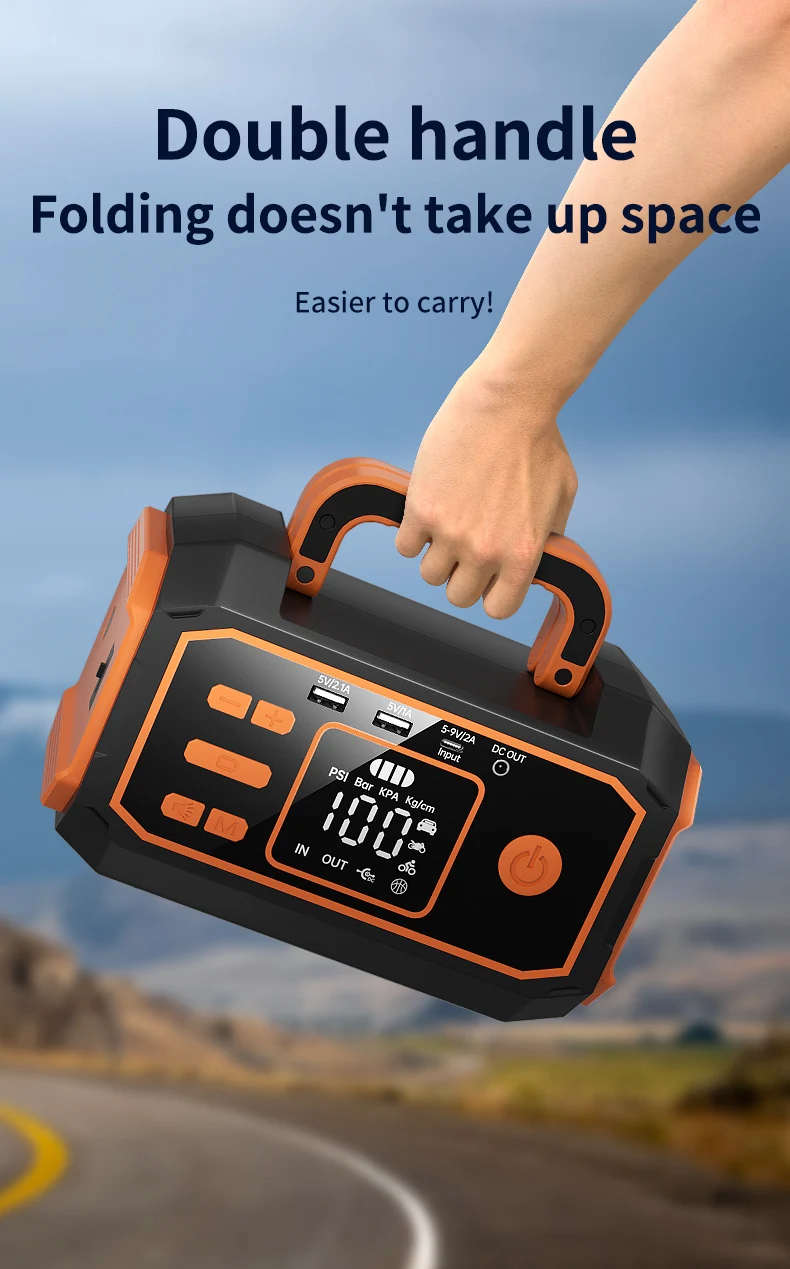 Portable All-in-One Car Emergency Tool: Jump Starter, Tire Inflator, Power Bank & LED Light, Folding Handle, Compatible with All