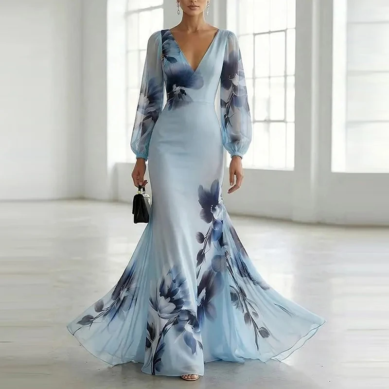 Vestido de sirena de chifón con estampado floral azul, cuello en V profundo, manga larga tipo farol, largo hasta el suelo, elegante vestido de noche para invitadas de boda.