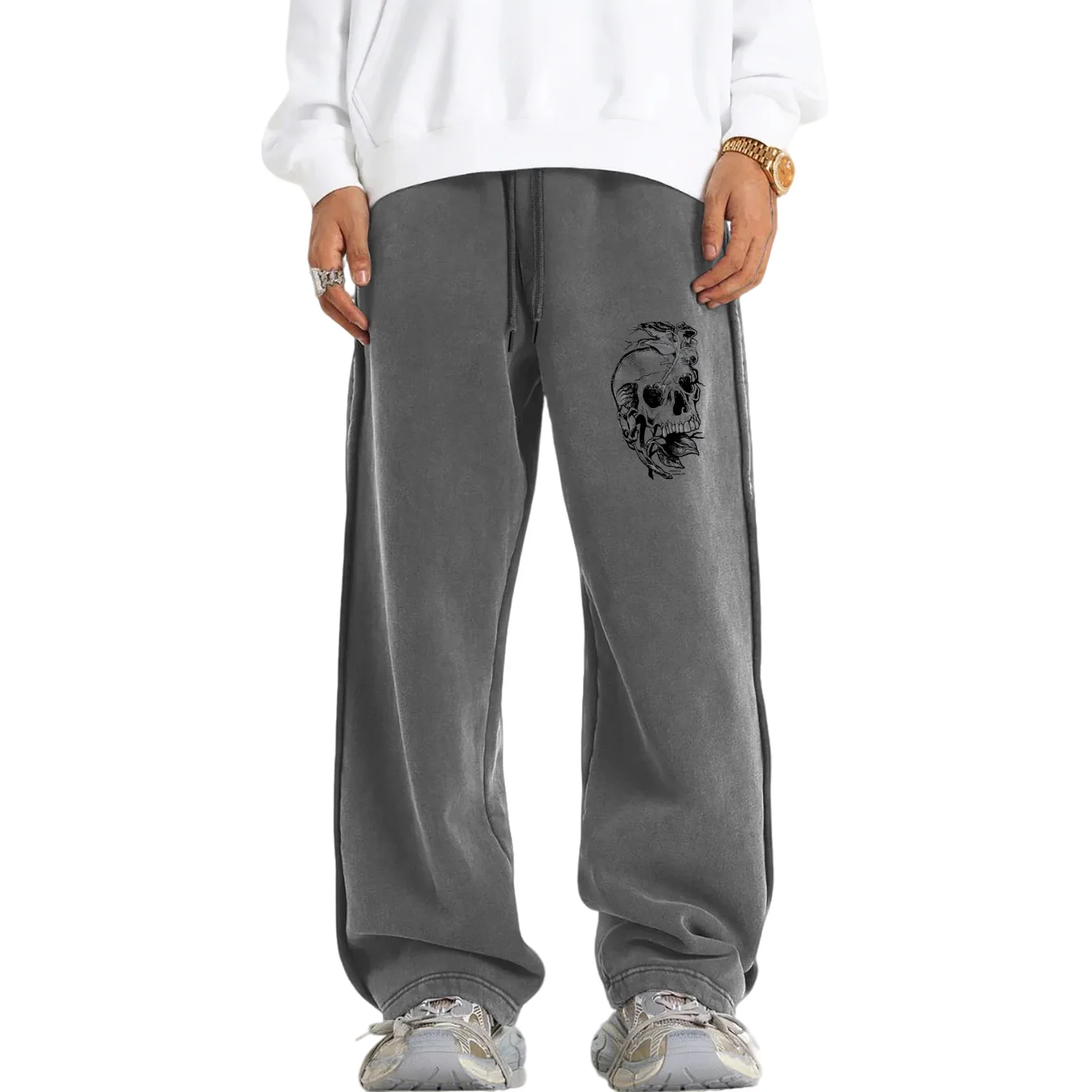 

Casual Loose Cotton Wide Leg Pants For Men Fashion Halloween Skeleton Printed Sweatpants Street Elastic Waist Straight Trousers