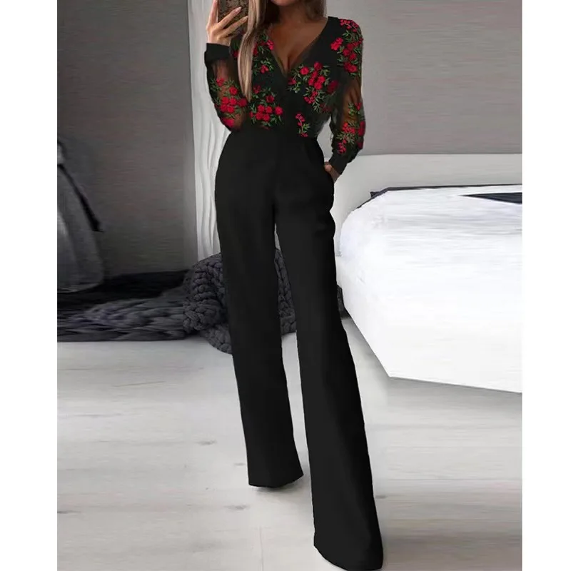 

Jumpsuits Women New Summer V Neck Full Sleeve Print One Piece High Waist Long Pants Elegant Overalls Floral Slim Sexy Rompers