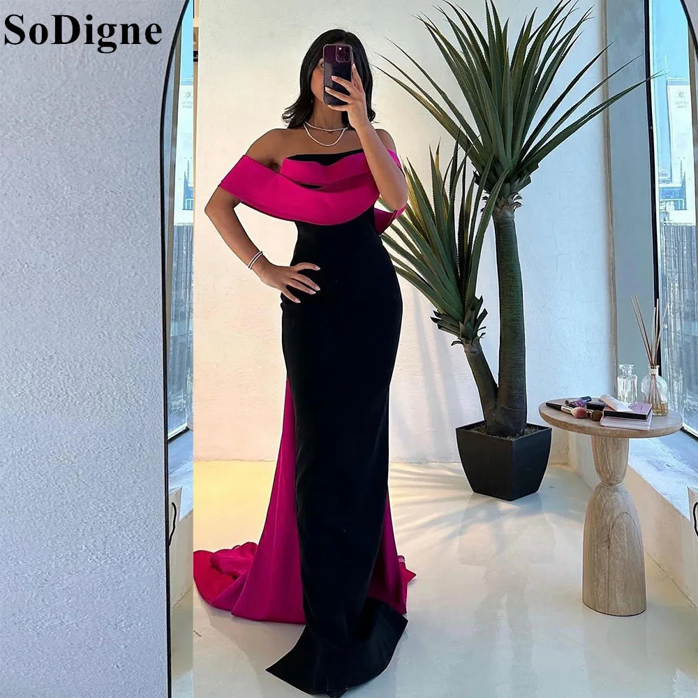 SoDigne Saudi Arabic Mermaid Satin Evening Dresses Black and Fuchsia Off Shoulder Formal Occasion Prom Gown for Women Customized