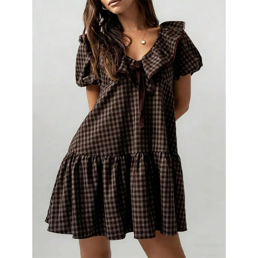 

【New style】Women Mini Dress Short Sleeve V Neck Plaid Dress Loose Summer Dress For Casual Daily Dating