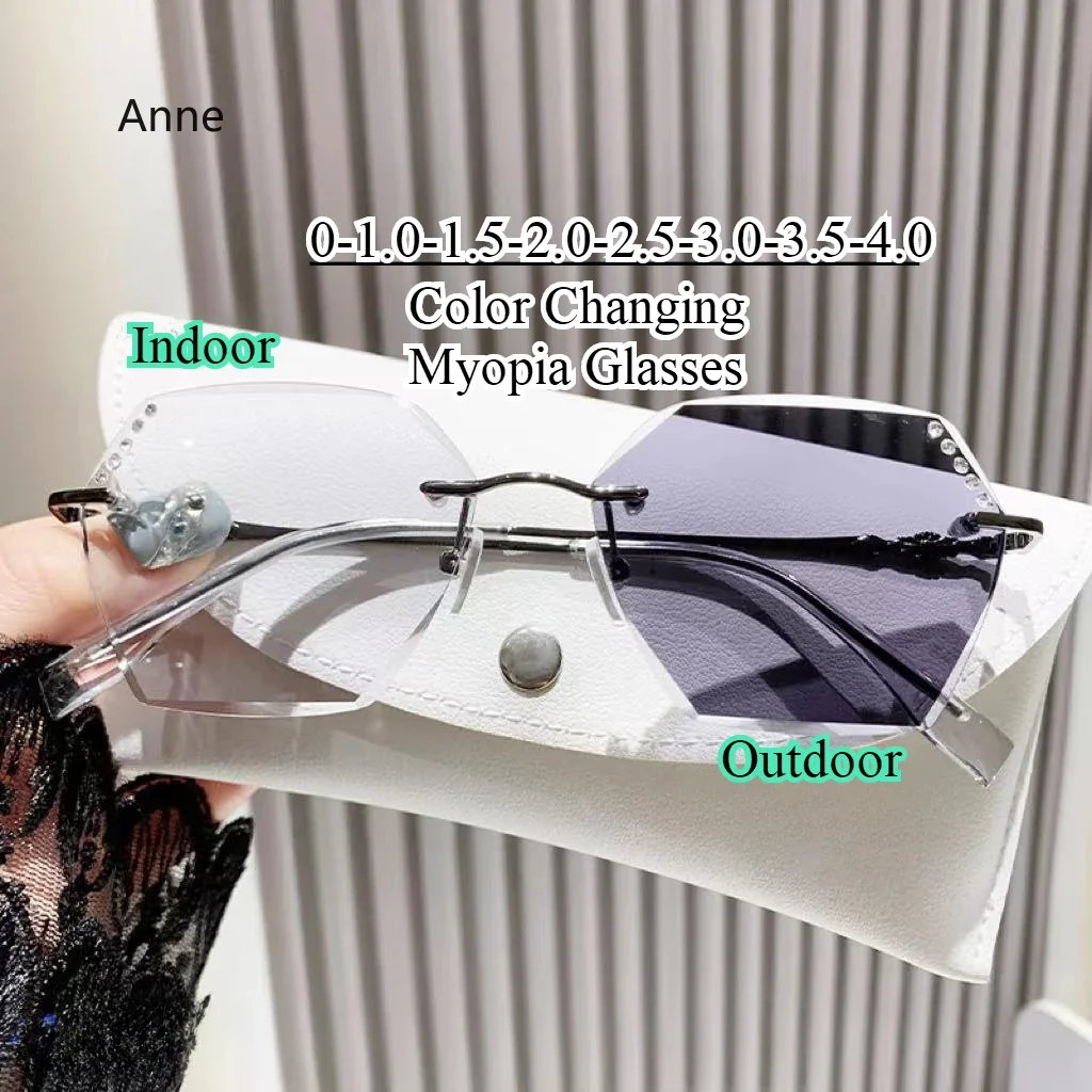 Frameless Diamond Studded Color Changing Myopia Glasses Fashion Oversized Frame Photochromic Eyewear Utral Ight Minus Eyeglasses