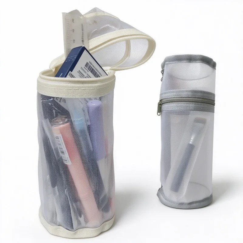 Clear Mesh Pencil Bag Cylindrical Shape Stationery Pens Holder Case Nylon Nets Portable Makeup Brush Organizer Packing Bag