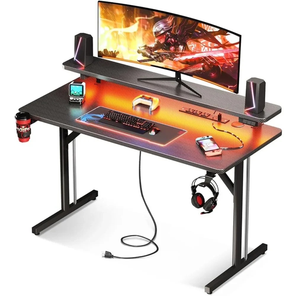 Small Gaming Desk with LED Lights & Power Outlets, 39 Inch Computer Desk Gaming Table with Monitor Shelf, Gamer Desk with Carbon