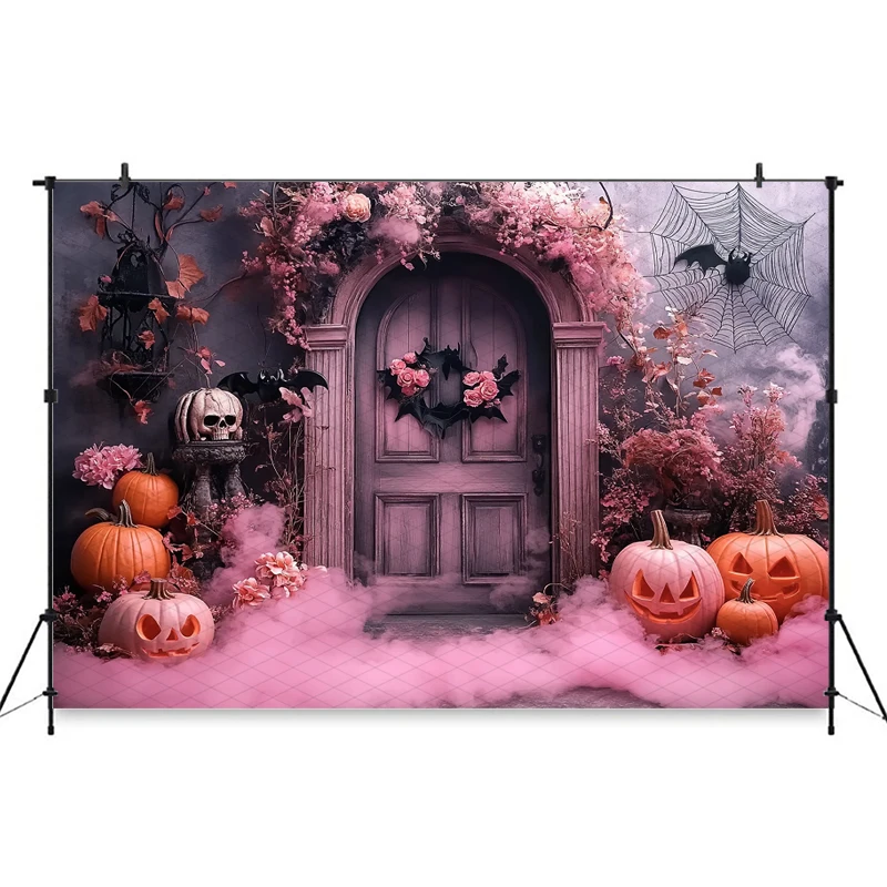 Mocsicka Halloween Photography Background Wood Door Pink Flowers Rose Bat Spider Web Autumn Pumpkin Party Decors Photo Backdrops