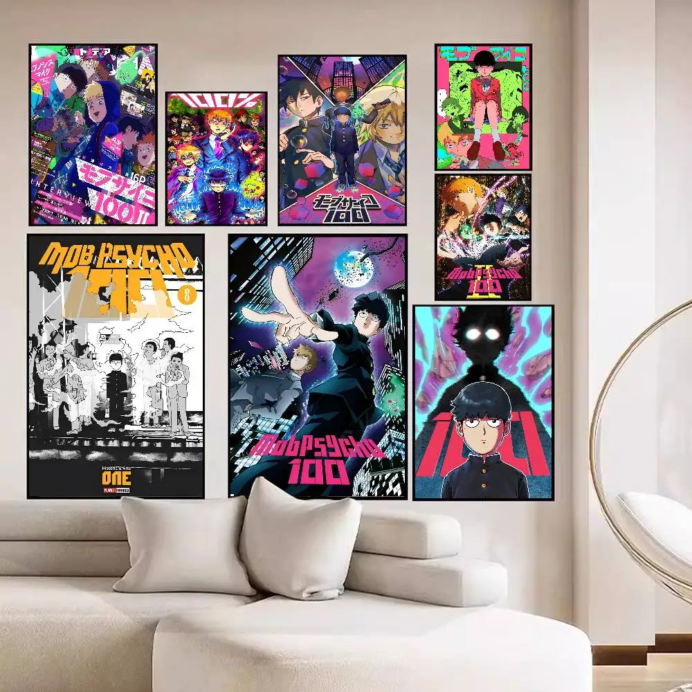 Pósteres Vintage de dibujos animados de Anime Mob Psycho 100, pegatina adhesiva de papel blanco, decoración de pared de habitación, Bar, cafetería y habitación DIY