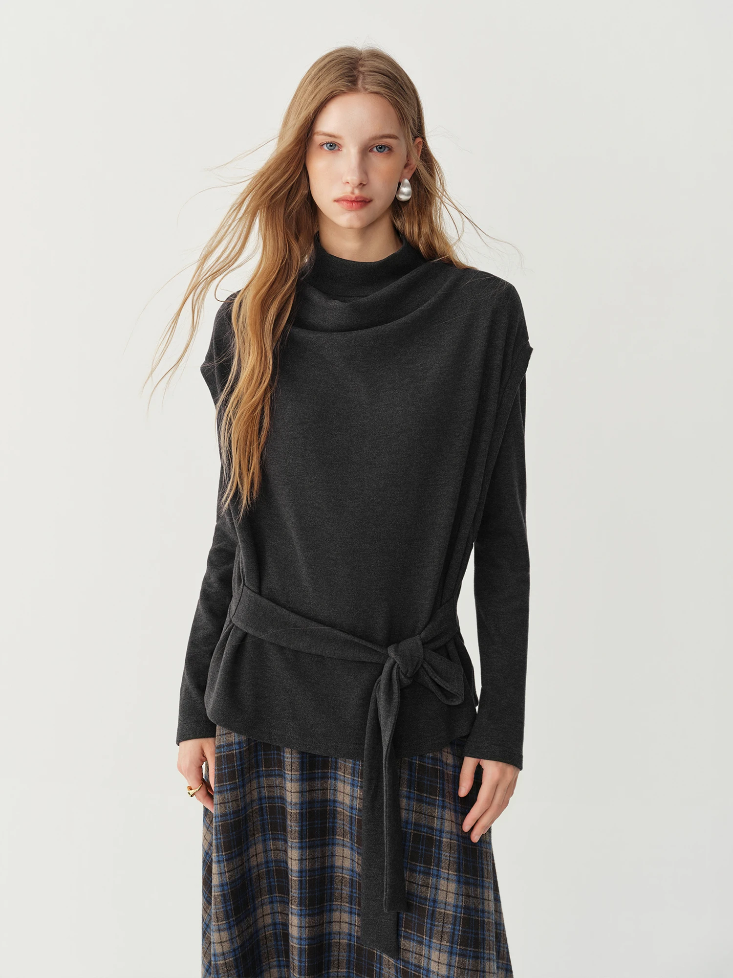 FSLE 2026 Winter Women's Chic Stand Collar Cowl Neck Tie Knit Two-Piece Set - Elegant Soft Cozy Versatile for Daily Wear