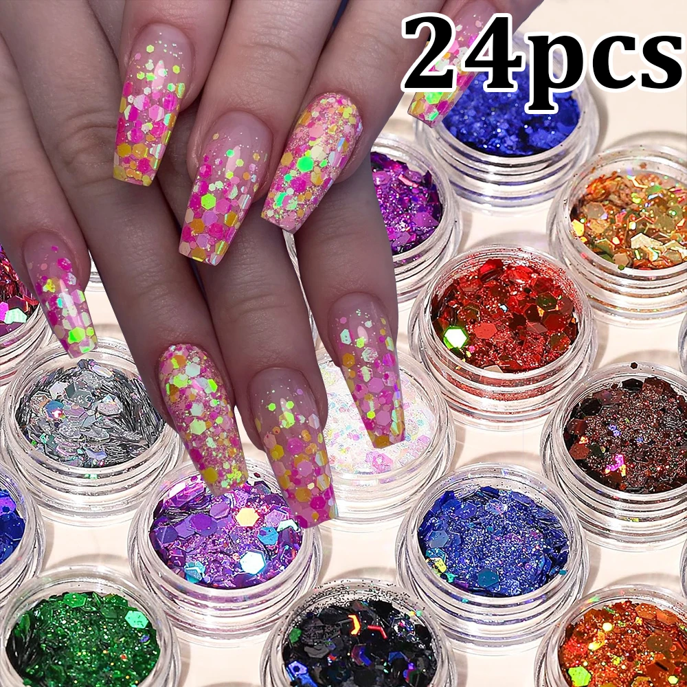 

24pcs Iridescent Hexagon Nail Art Sequins Holographic Sparkly Glitter Powder For DIY Phone Cases Laser Rainbow Manicure Sequins