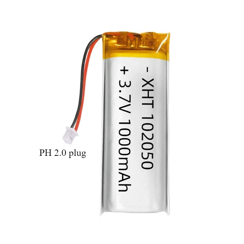 

102050 3.7v 1000mAh Polymer Lithium Rechargeable Battery Li-Po Ion for Bluetooth Speaker GPS LED Light MP3/4 with PH2.0 Plug