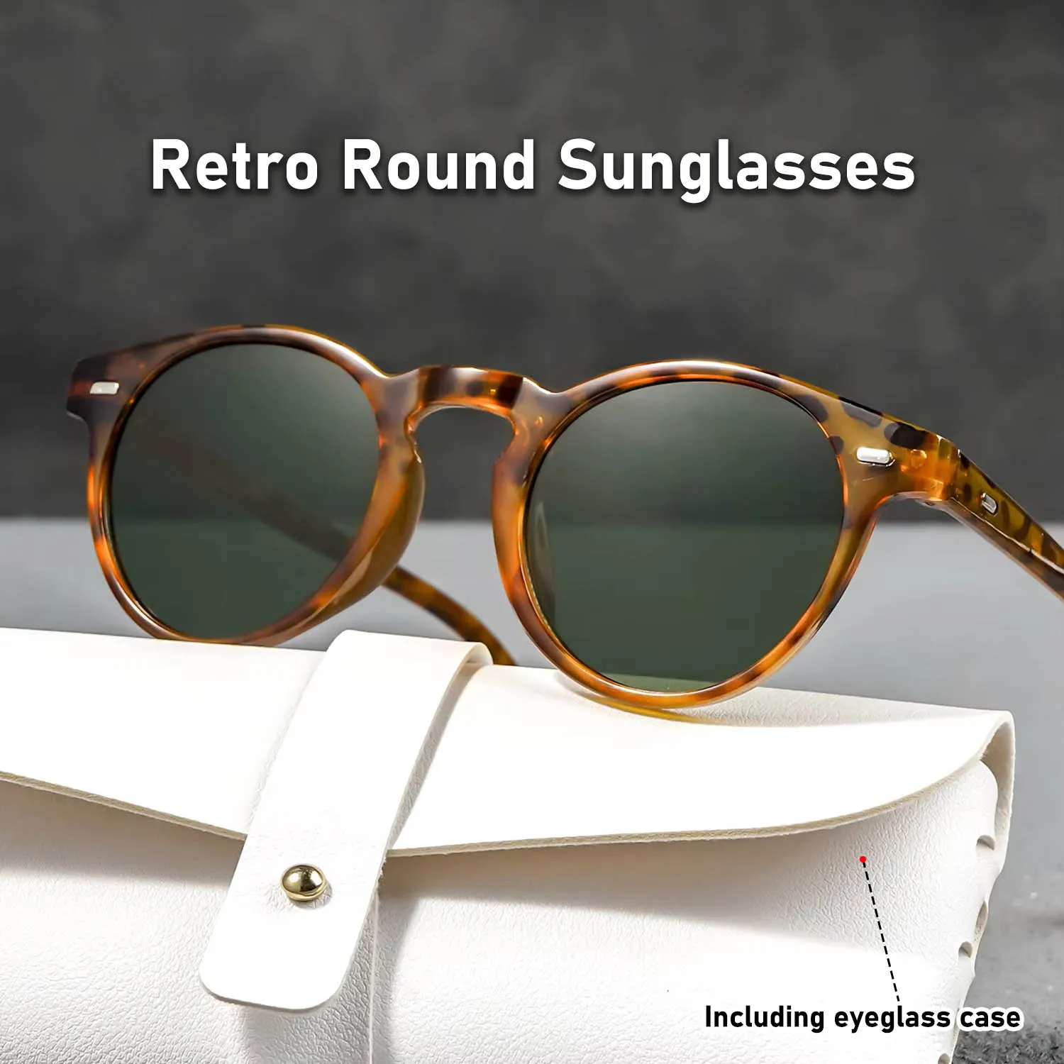Vintage-Sonnenbrille mit runder Schildkrötenform für Herren und Damen, Retro-Rahmen-Sonnenbrille, klassische Sonnenbrille mit Leopardenmuster, grüne Farbtöne, modische Sonnenbrille
