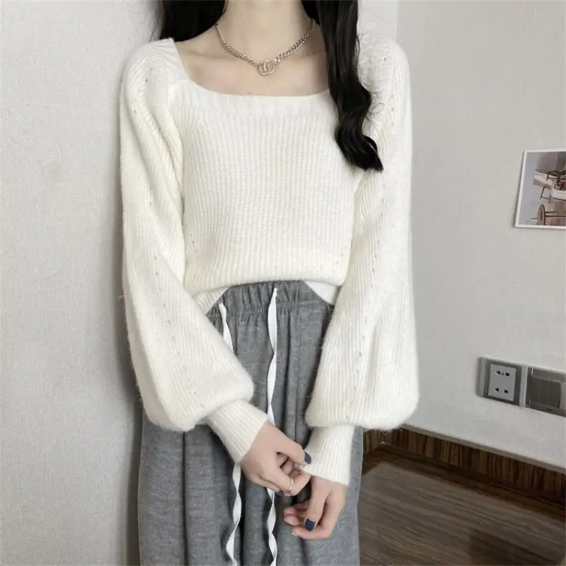 Women Autumn Simplicity Temperament Loose Solid Color Square Collar Long Sleeve Knitwear Ladies Fashion All-match Knitting Tops