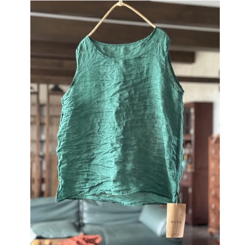 Women Thin 100% Ramie Vintage Solid Camis Tees 2026 New Ladies Summer Casual Clothes High Quality Tanks O-Neck Sleeveless Tops