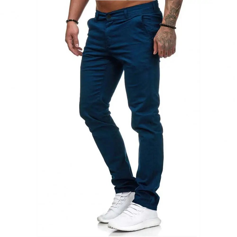 Men Pants Mid Waist Zipper Button Closure Thin Pockets Slim Fit Pencil Pants Side Pockets Sports Pants Men Casual Trousers