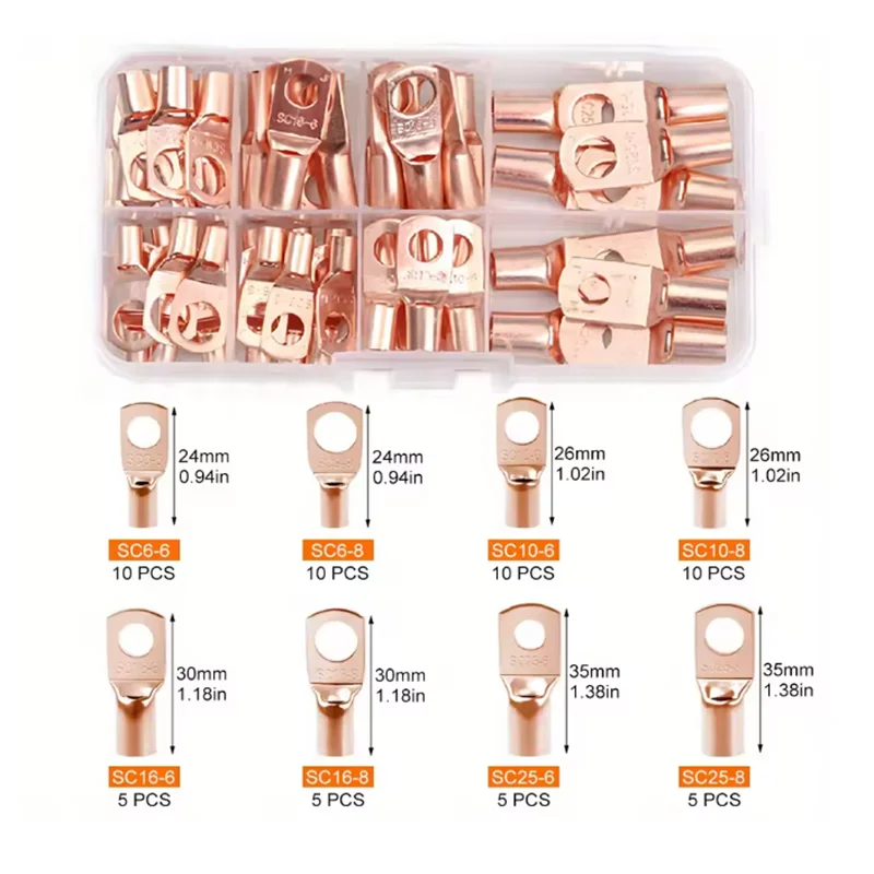60pcs Wire Lug Connector Ring SC6-25 Copper Connectors Bare Cable Electric Crimp Terminal Connector Kit