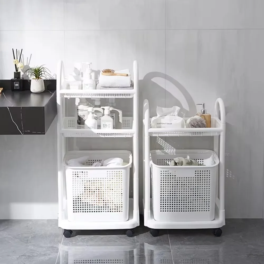 

Rolling Storage Utility Cart for Kitchen and Bathroom Household Accessories Multi-Layer Plastic Rack with Laundry Basket Storage