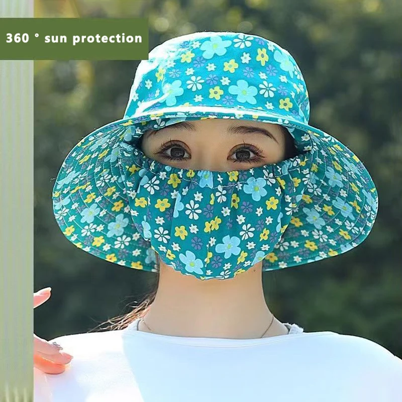 

Outdoor Flower Pattern Anti-uv Sunscreen Hat Fashion Dust Mask Hat Protect Neck Women Men Fisherman Hat Tea Picking Cap