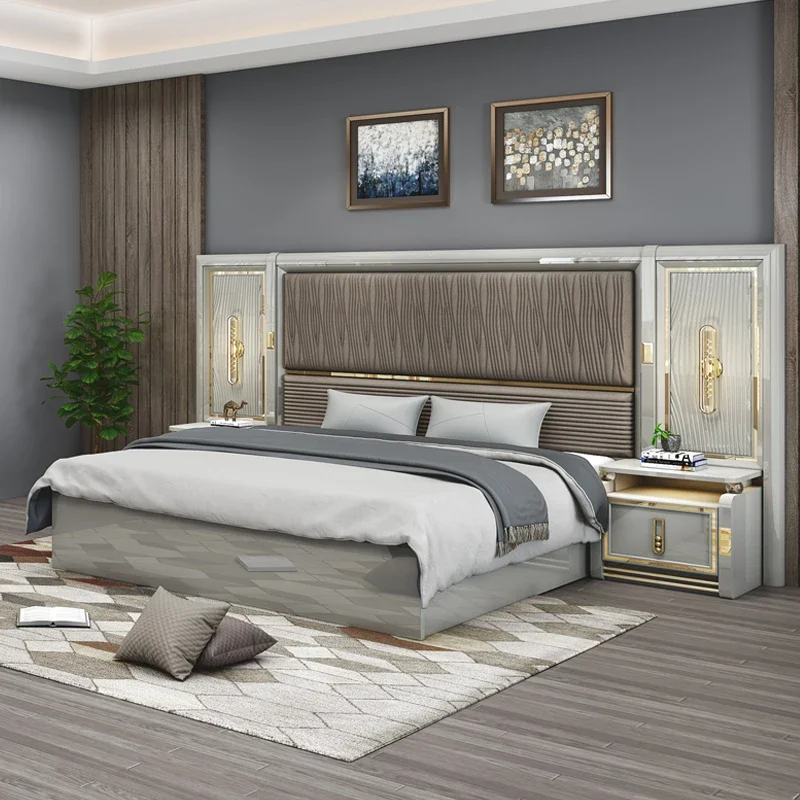 

A Modern Hotel Room Simple Wooden King Size Bed Room Suite Luxury Double Wood Frame Full 5 Pieces Furniture Bedroom Sets