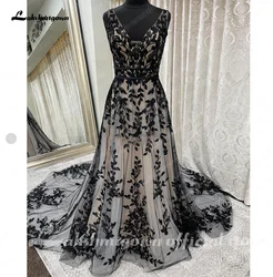 Lakshmigown Gothic Black Long Wedding Dress Sleeve V Neck Lace Appliques 2023 Robe Civi Boho Vestidos de Novia