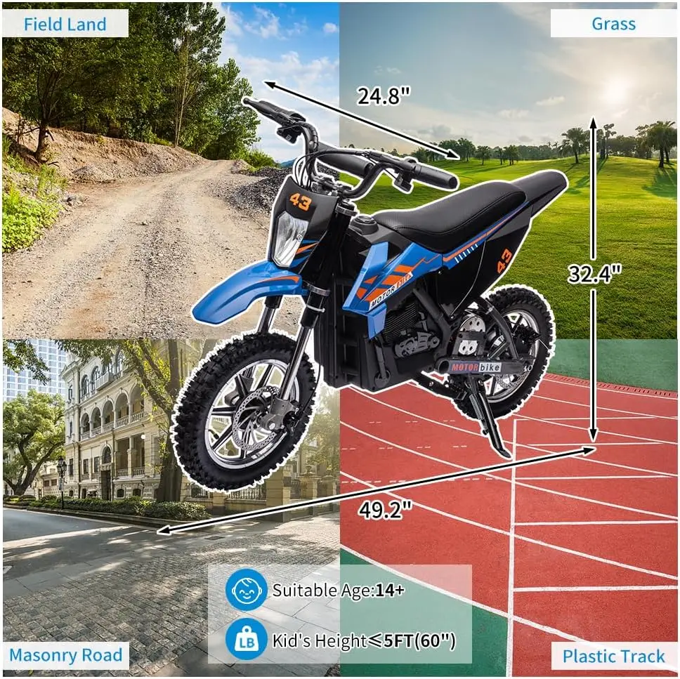 36V Electric Dirt Bike, Ride on Motorcycle 350W Motor Fast Speed 15.5MPH with LED Headlight, Leather Seat,Front+Back Brake