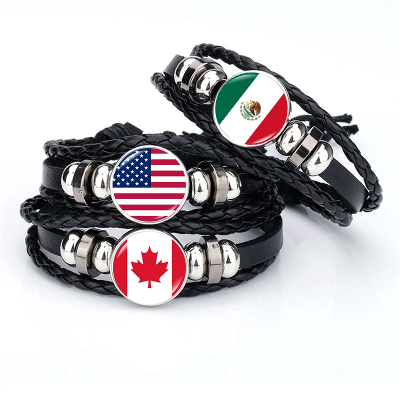 Pulsera de cuero tejido con bandera de América del Norte para hombre y mujer, brazaletes de juego de fútbol, EE. UU., Canadá, México, Panamá, regalo de recuerdo