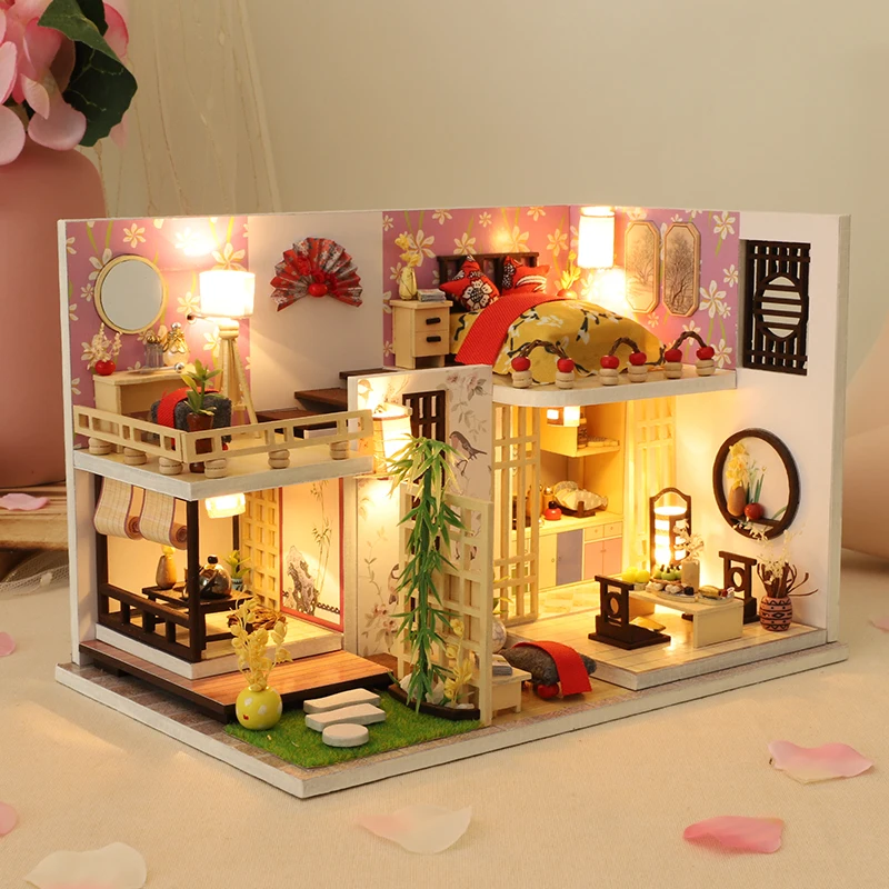 DIY Wooden Dollhouse Japanese Casa Miniature Building Kit With Furniture Doll House Assembly Toys for Girls Birthday Gifts