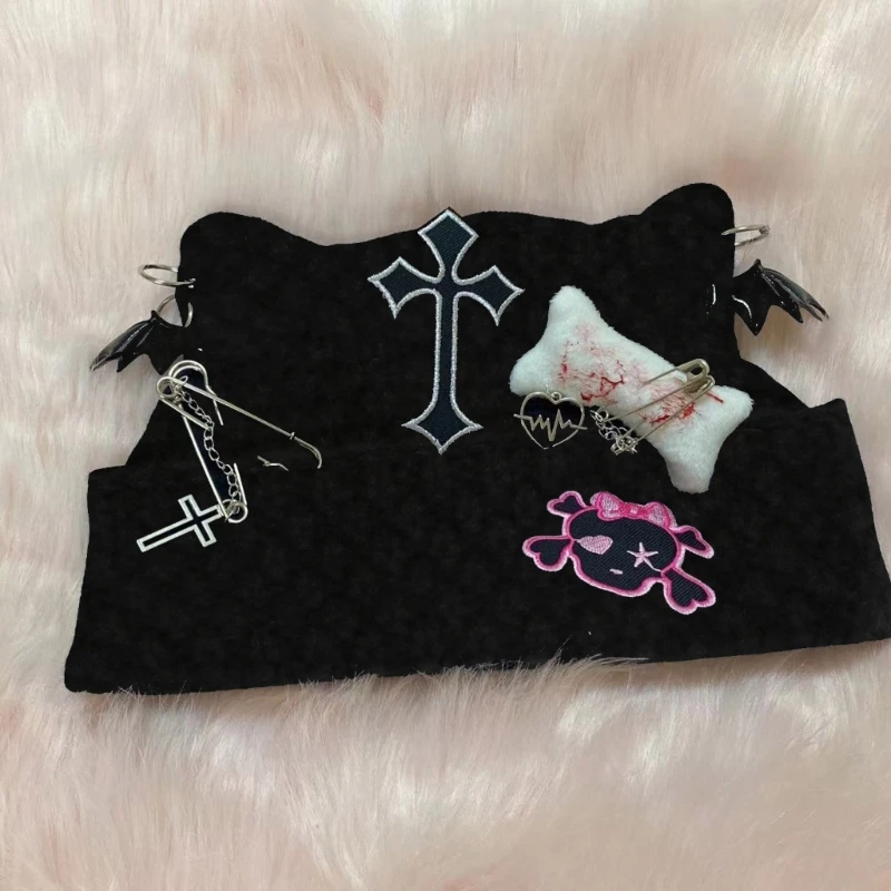 Gorro con orejas gato elástico estilo Punk, gorro tejido negro con joyería colgante para mujer, gorro cálido para mantener