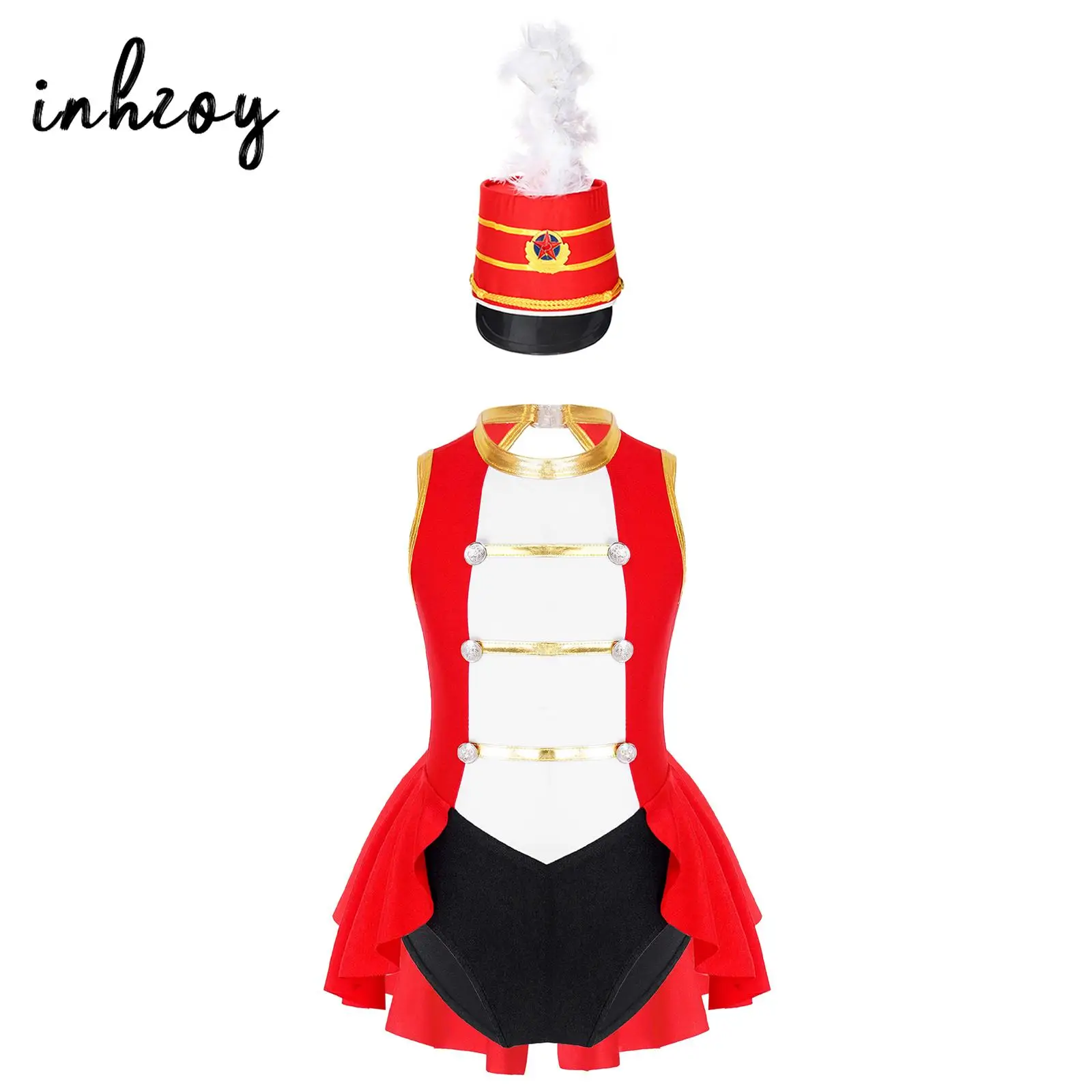 Girls Ringmaster Circus Costume Festival Dance Leotard with Marching Band Hat Majorette Outfit Flag Raiser Honor Guard Uniform