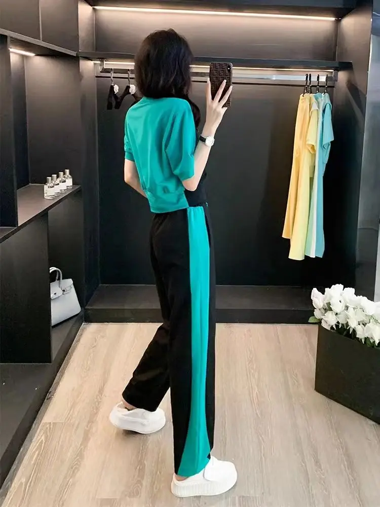 Casual Fashion Sports Suit Women\'s Summer Thin Trend Short Round Neck Matching Color Shirt T-shirt Wide Leg Pants Two-piece Set