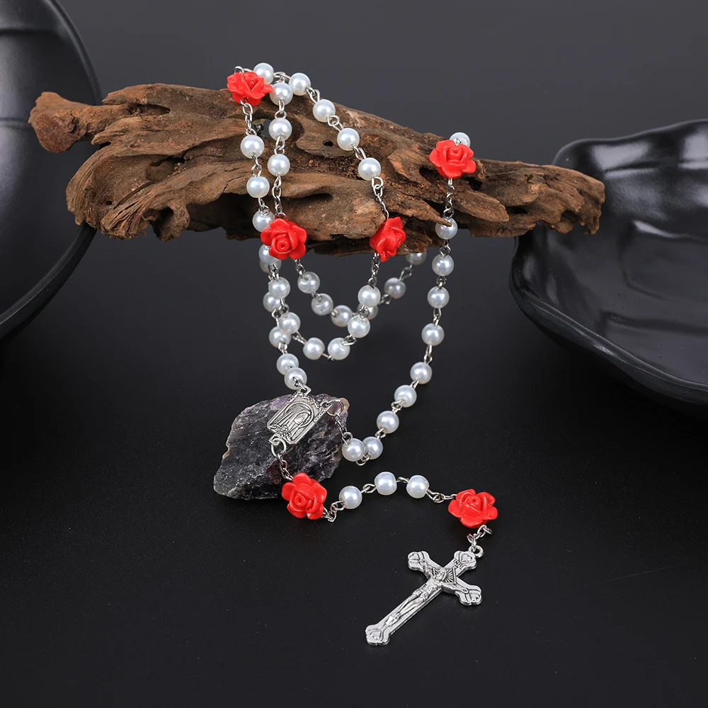 Religion Rosary Necklace For Women 6MM Imitation Pearl Long Chain Virgin Mary Jesus Cross Pendant Men Christian Prayer Jewelry