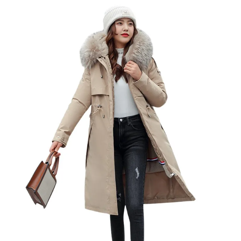 Women Hooded Parkas Coats Long Jackets Solid Detachable Big Fur Lenth Collar Zipper Drawstring Slim Fit Thick Casual 2025 Winter