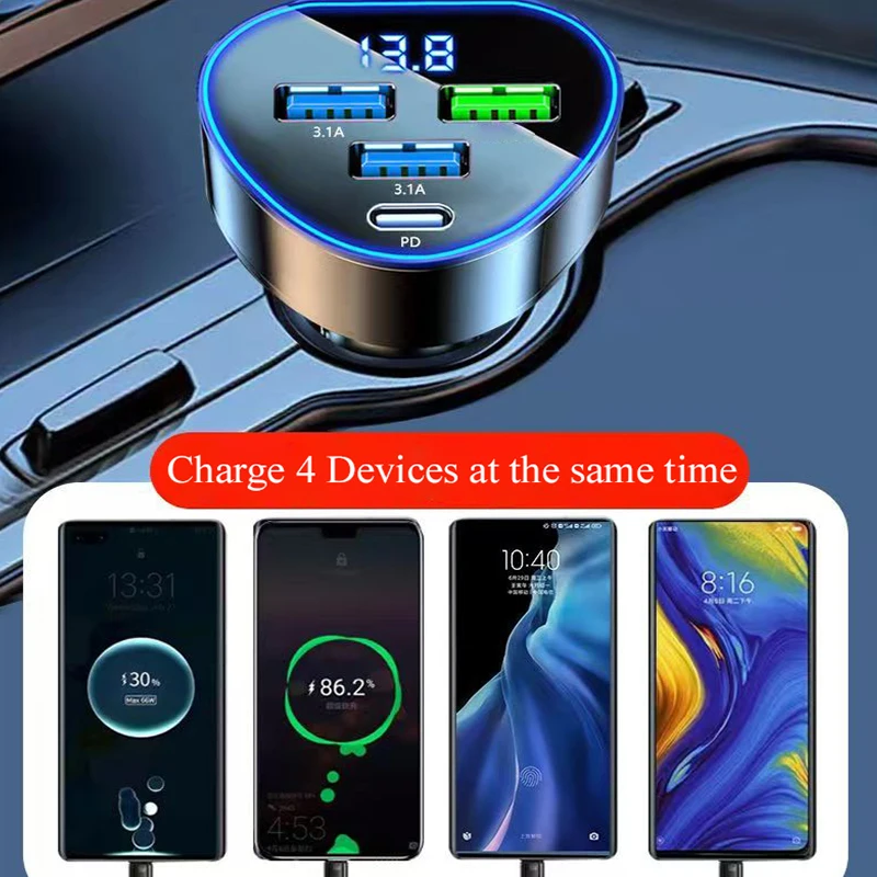 UYUXIO 4 in 1 USB C Car Phone Charger Adapter with Voltage Display Super Fast in Car for iPhone 16 15 Pro Max 14 iPad Samsung