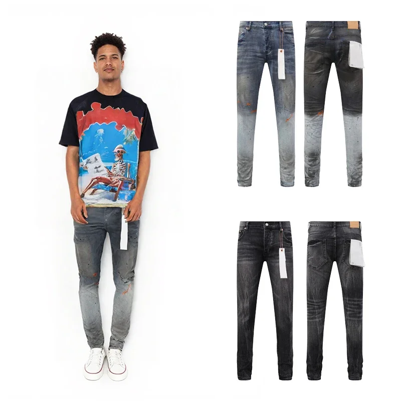 

Y2K Men's Clothing Ripped Jeans Twins Colors Printed Retro Black Pants Street Wear Casual Long Pants Hip Hop Fashion Denim Jeans