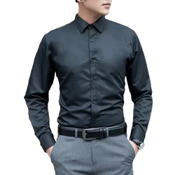 Camisas y blusas formales de negocios para hombres, camisa de fiesta informal delgada de manga larga, Color sólido, ropa superior masculina