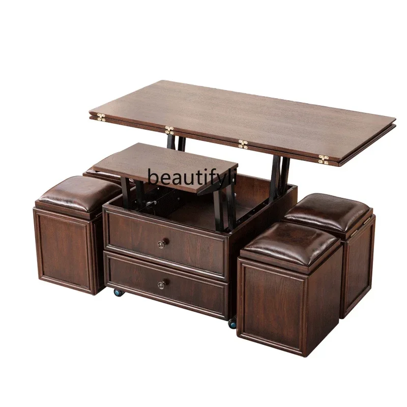 New Solid wood lifting coffee table dining table dual-purpose two-in-one mobile folding coffee table variable multi-function