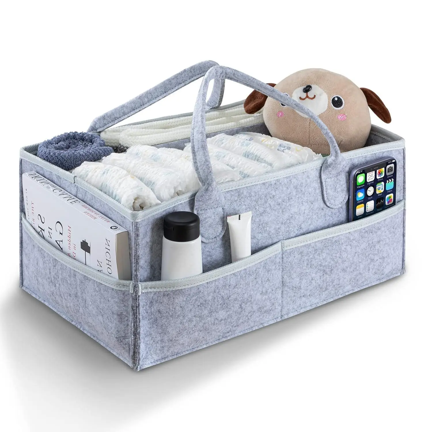 

Multi-Purpose Felt Diaper Organizer Bag, Large Capacity Baby Diaper Toy Storage Portable Tote with Multiple Pockets