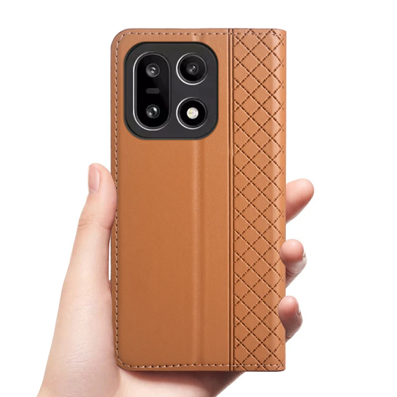 Etui z klapką do OnePlus 15 OnePlus15 5G, prawdziwa skóra, magnetyczne etui książkowe, luksusowe etui z bydlęcej skóry z wzorem kratki, kieszeń na karty, portfel. — zdjęcie produktu 2
